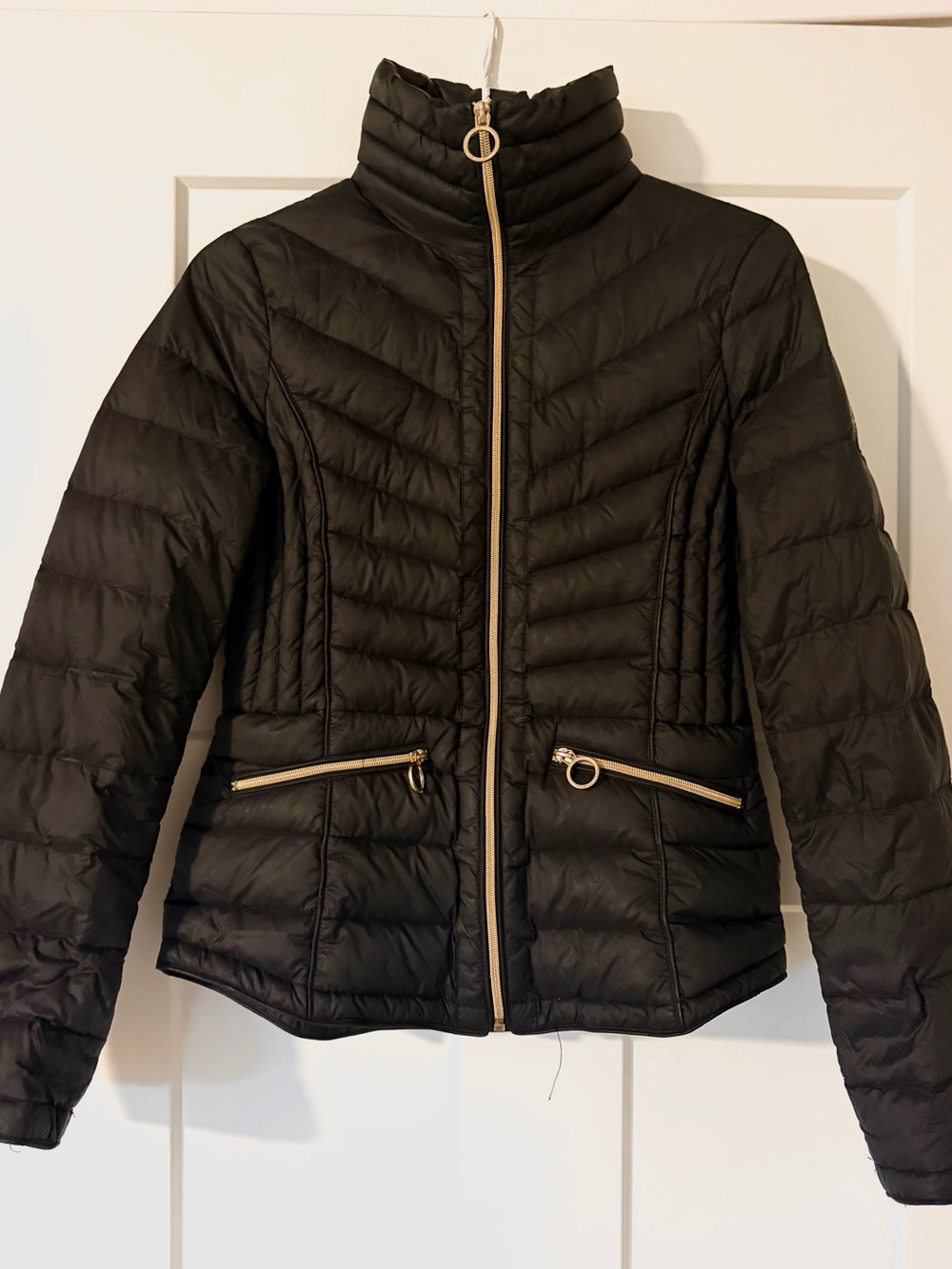 Michael Kors Black Quilted Puffer Jacket with Gold Zipper Accents